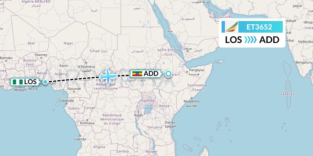ET3652 Ethiopian Airlines Flight Map: Lagos to Addis Ababa