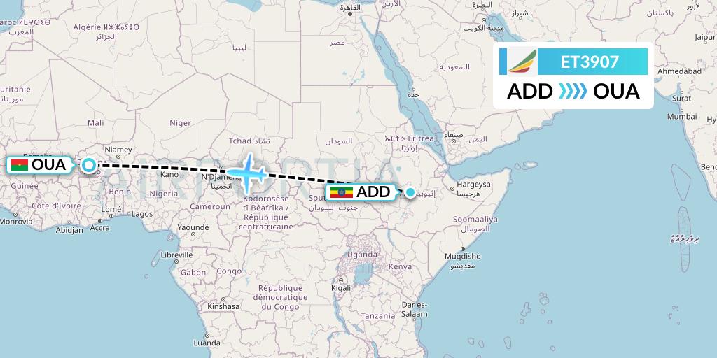 ET3907 Ethiopian Airlines Flight Map: Addis Ababa to Ouagadougou