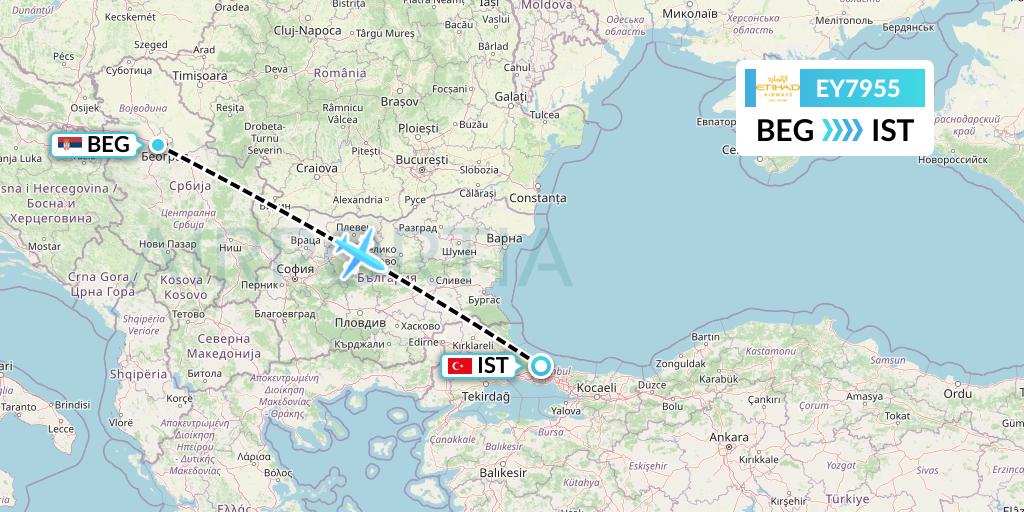 EY7955 Etihad Airways Flight Map: Belgrade to Istanbul