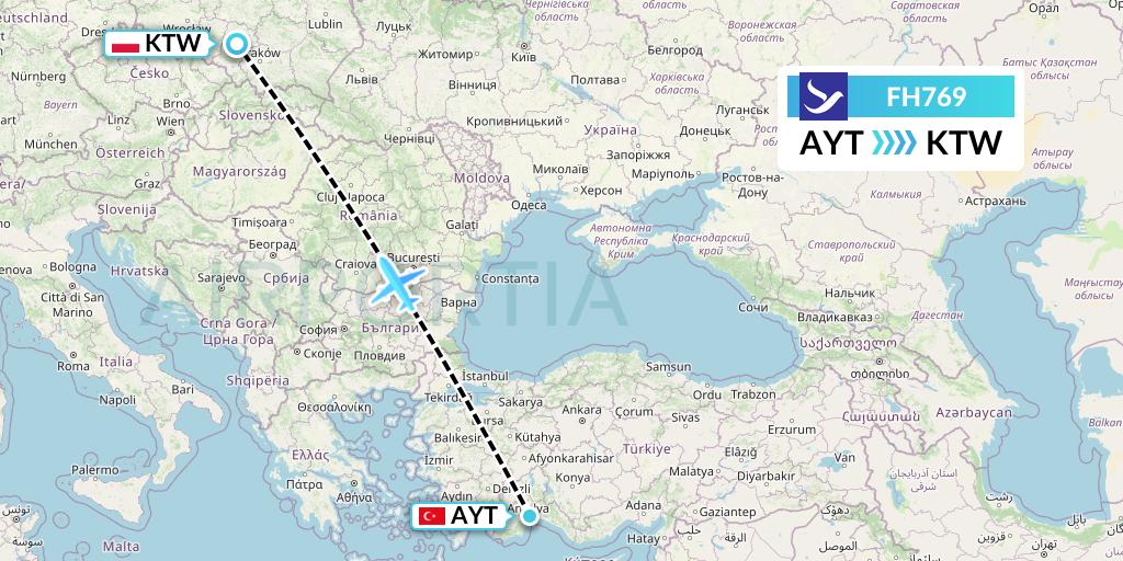 FH769 Freebird Airlines Flight Map: Antalya to Katowice