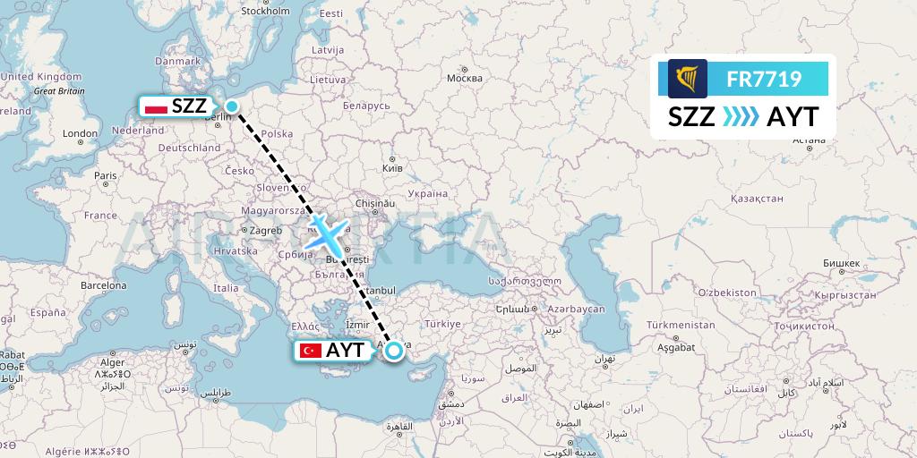 FR7719 Ryanair Flight Map: Szczecin to Antalya