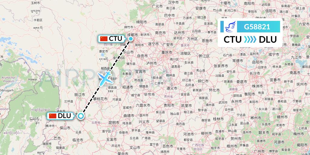 G58821 China Express Airlines Flight Map: Chengdu to Dali