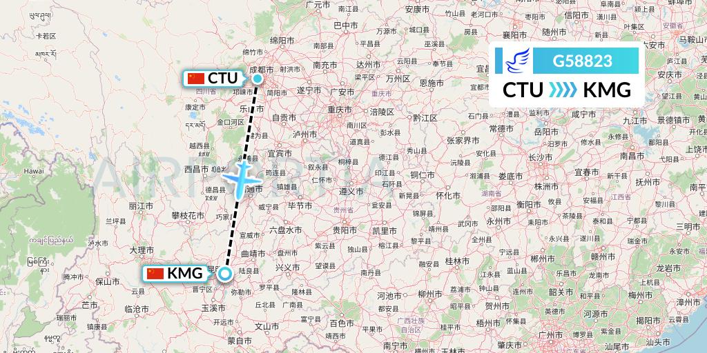 G58823 China Express Airlines Flight Map: Chengdu to Kunming