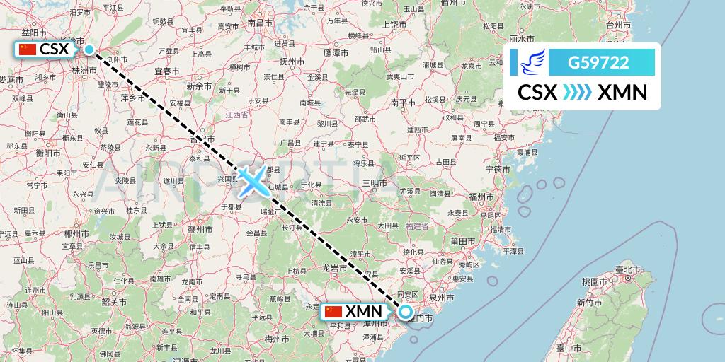 G59722 China Express Airlines Flight Map: Changsha to Xiamen