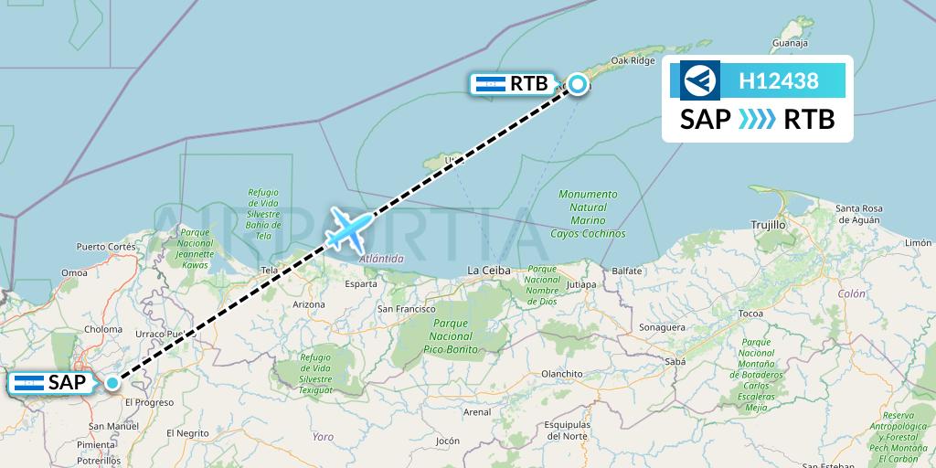 H12438 Hahn Air Systems Flight Map: San Pedro Sula to Roatan