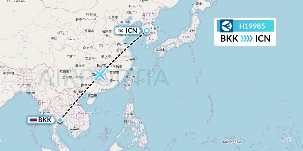 H19985 Hahn Air Systems Flight Map: Bangkok to Seoul