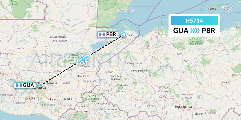 H5714 MAVIAL - Magadan Airlines Flight Map: Guatemala City to Puerto Barrios