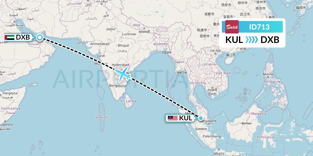 ID713 Batik Air Flight Map: Kuala Lumpur to Dubai