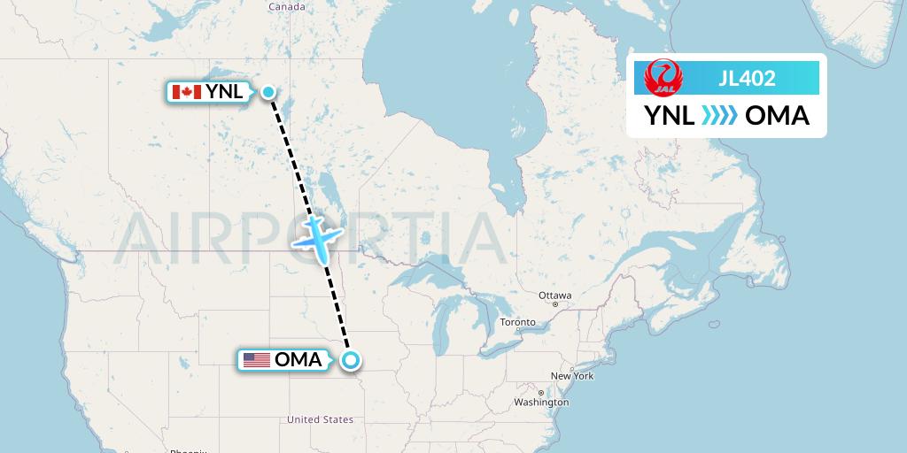 JL402 Japan Airlines Flight Map: Points North Landing to Omaha