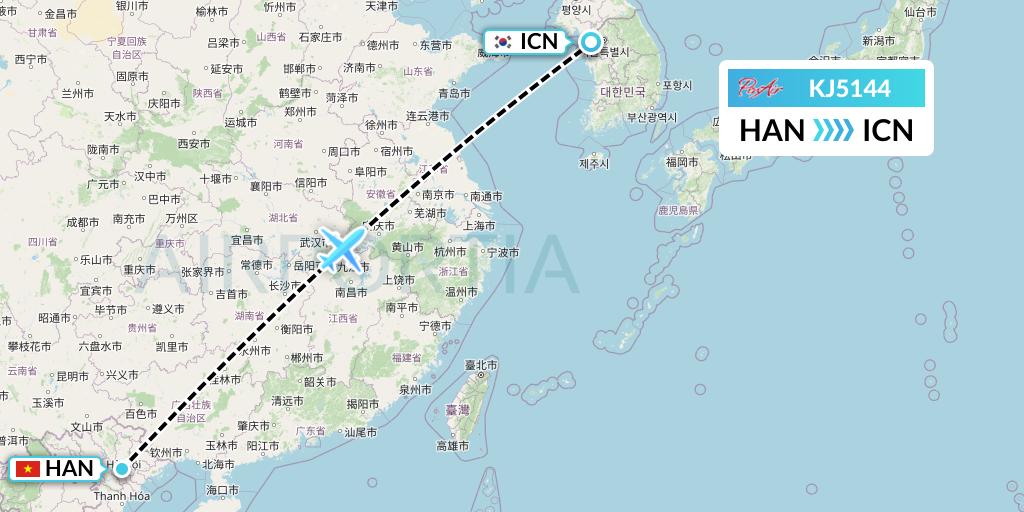 KJ5144 Air Incheon Flight Map: Hanoi to Seoul
