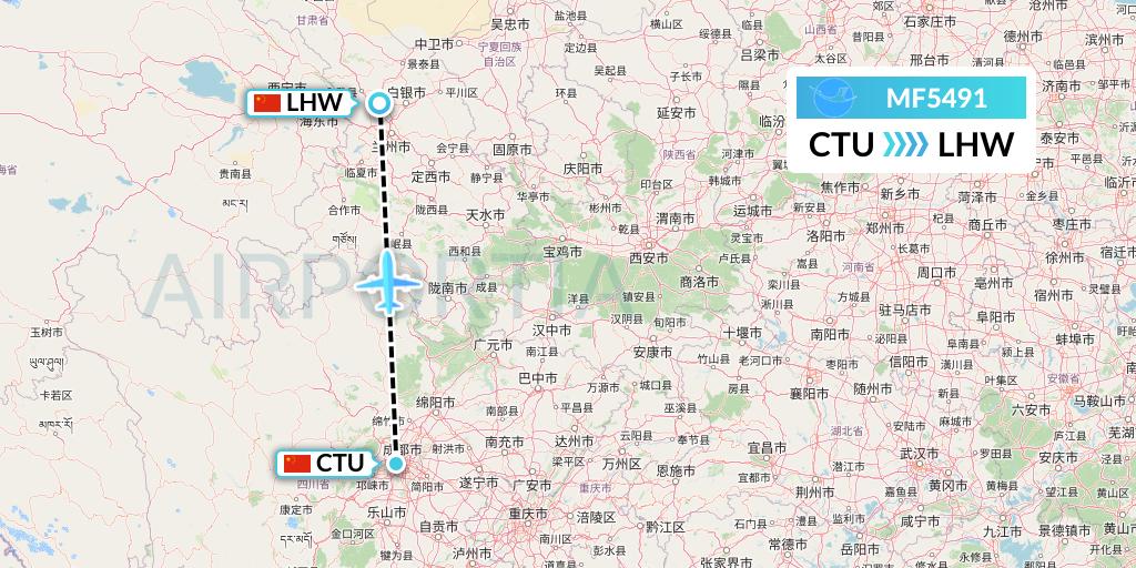 MF5491 Xiamen Airlines Flight Map: Chengdu to Lanzhou