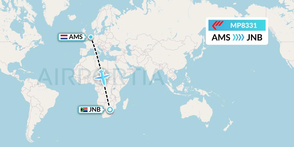 MP8331 Martinair Holland Flight Map: Amsterdam to Johannesburg