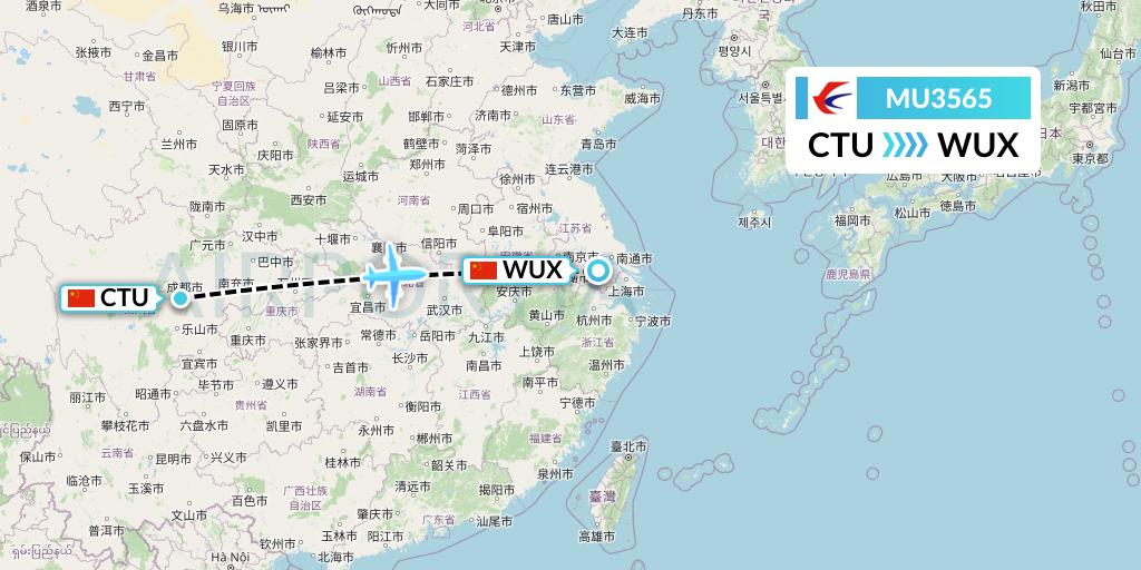 MU3565 China Eastern Airlines Flight Map: Chengdu to Wuxi