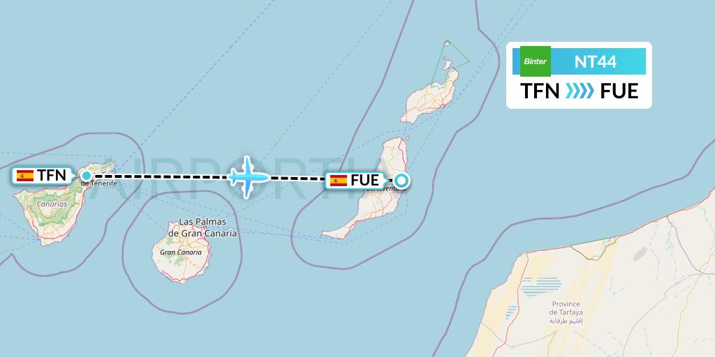 NT44 Binter Canarias Flight Map: Tenerife to Fuerteventura