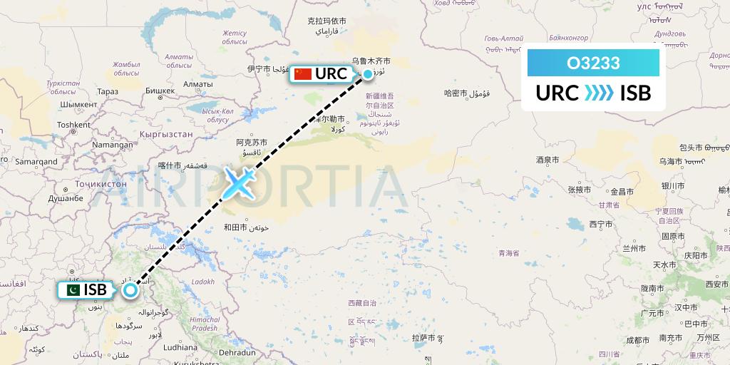 O3233 SF Airlines Flight Map: Urumqi to Islamabad