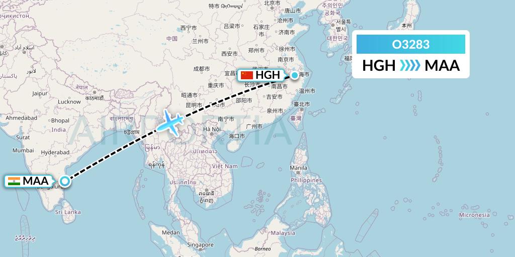 O3283 SF Airlines Flight Map: Hangzhou to Chennai