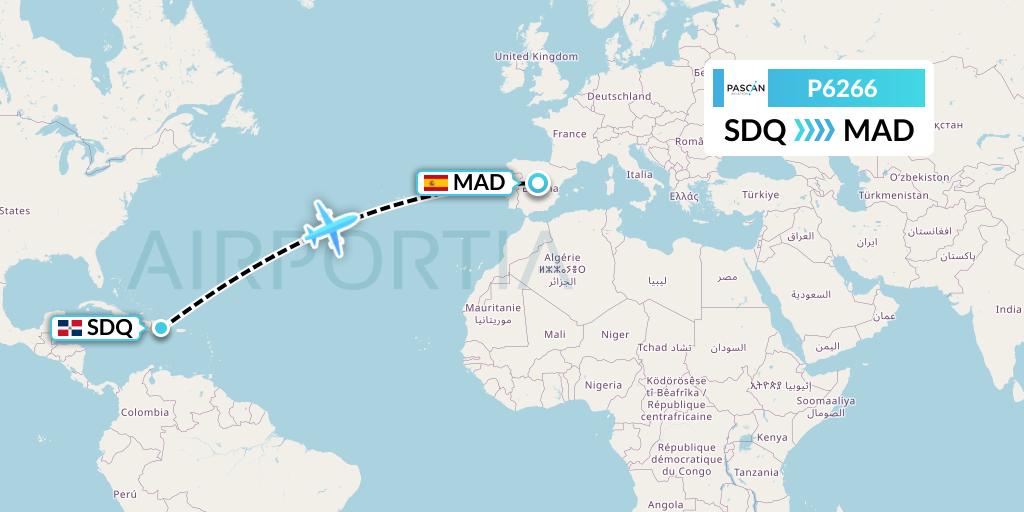 P6266 Pascan Aviation Flight Map: Santo Domingo to Madrid
