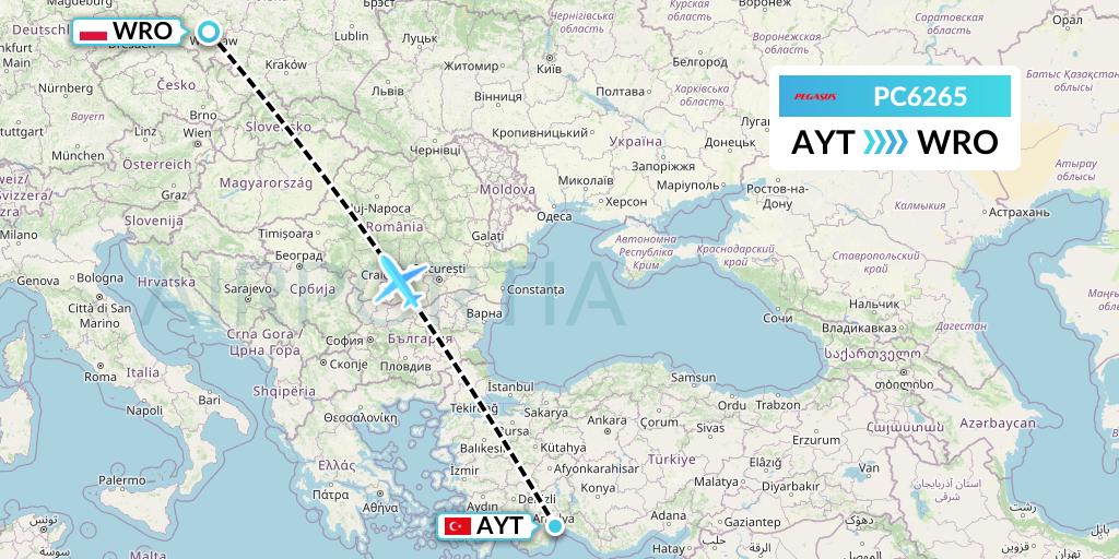 PC6265 Pegasus Airlines Flight Map: Antalya to Wroclaw