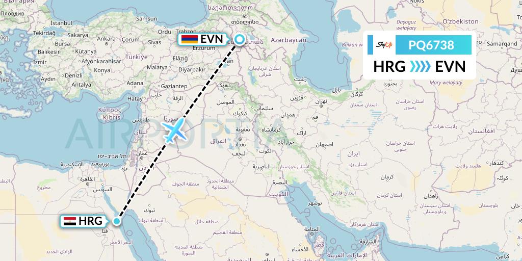 PQ6738 SkyUp Airlines Flight Map: Hurghada to Yerevan