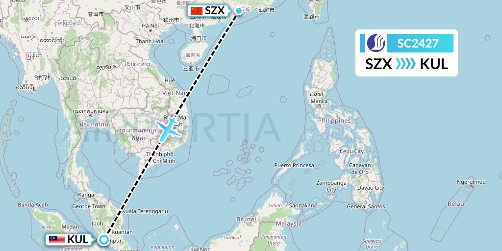 SC2427 Shandong Airlines Flight Map: Shenzhen to Kuala Lumpur