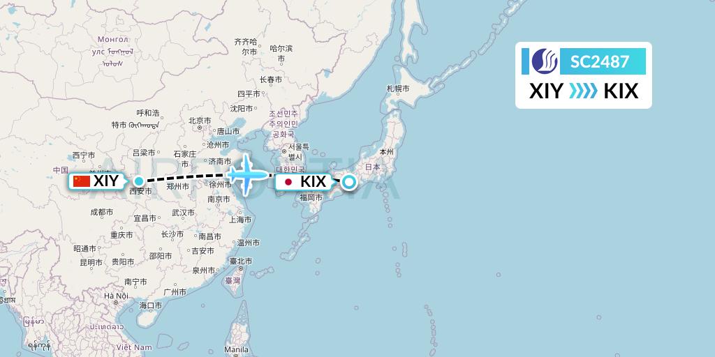 SC2487 Shandong Airlines Flight Map: Xi'an to Osaka