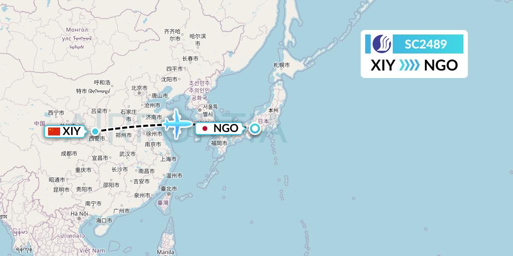 SC2489 Shandong Airlines Flight Map: Xi'an to Nagoya