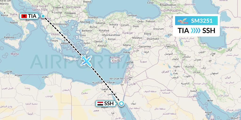 SM3251 Air Cairo Flight Map: Tirana to Sharm el-Sheikh