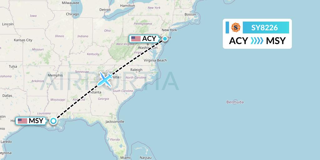 SY8226 Sun Country Airlines Flight Map: Atlantic City to New Orleans