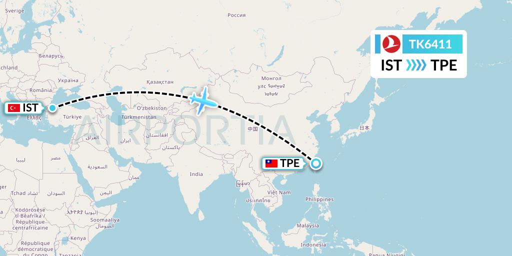 TK6411 Turkish Airlines Flight Map: Istanbul to Taipei