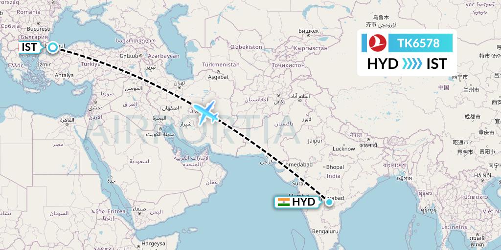 TK6578 Turkish Airlines Flight Map: Hyderabad to Istanbul