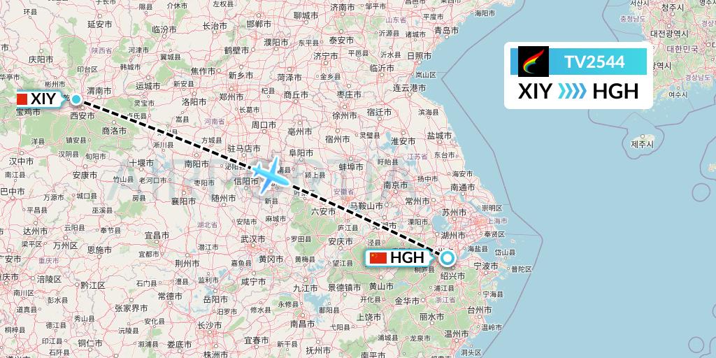 TV2544 Tibet Airlines Flight Map: Xi'an to Hangzhou
