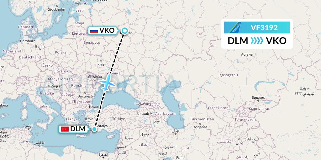 VF3192 ValuAir Flight Map: Dalaman to Moscow
