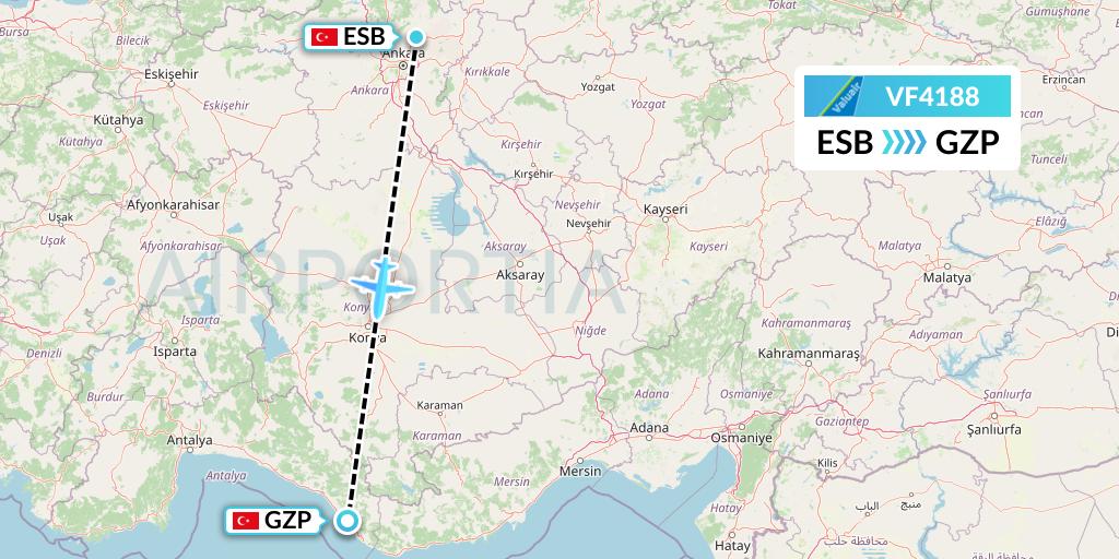 VF4188 ValuAir Flight Map: Ankara to Gazipasa