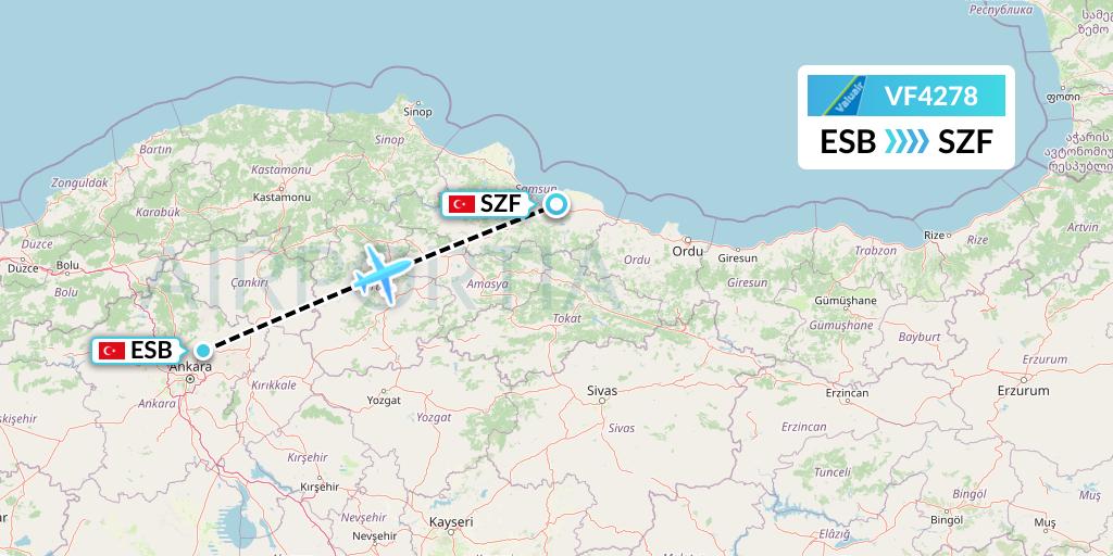 VF4278 ValuAir Flight Map: Ankara to Samsun