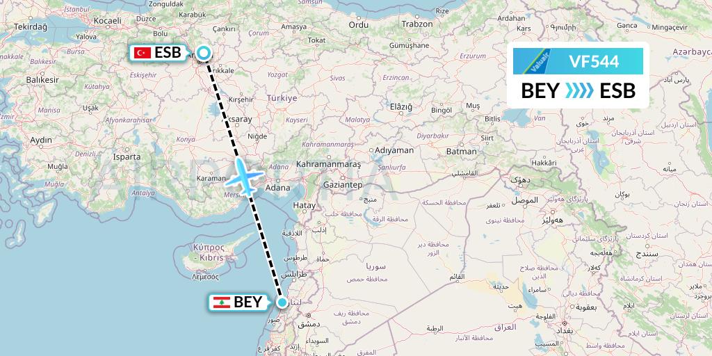 VF544 ValuAir Flight Map: Beirut to Ankara