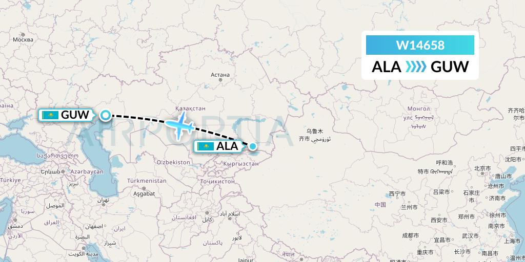W14658 World Ticket Ltd Flight Map: Almaty to Atyrau