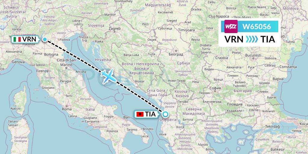 W65056 Wizz Air Flight Map: Verona to Tirana