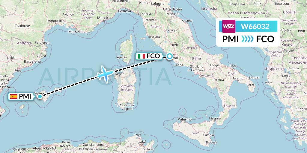 W66032 Wizz Air Flight Map: Palma de Mallorca to Rome