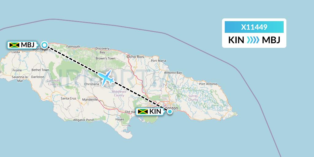 X11449 Nik Airways Flight Map: Kingston to Montego Bay