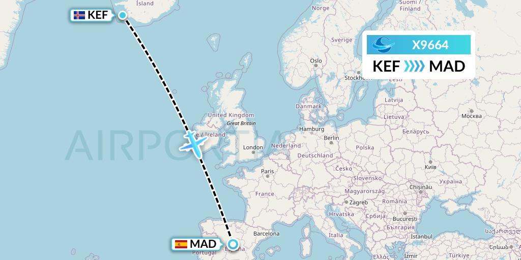 X9664 Avion Express Flight Map: Reykjavik to Madrid