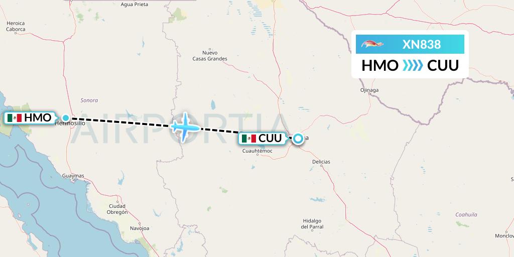 XN838 Express Air Flight Map: Hermosillo to Chihuahua