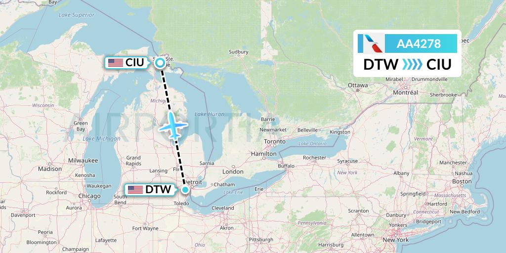 AA4278 American Airlines Flight Map: Detroit to Sault Sainte Marie