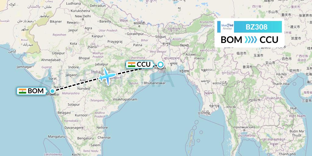 BZ308 Bluebird Airways Flight Map: Mumbai to Kolkata