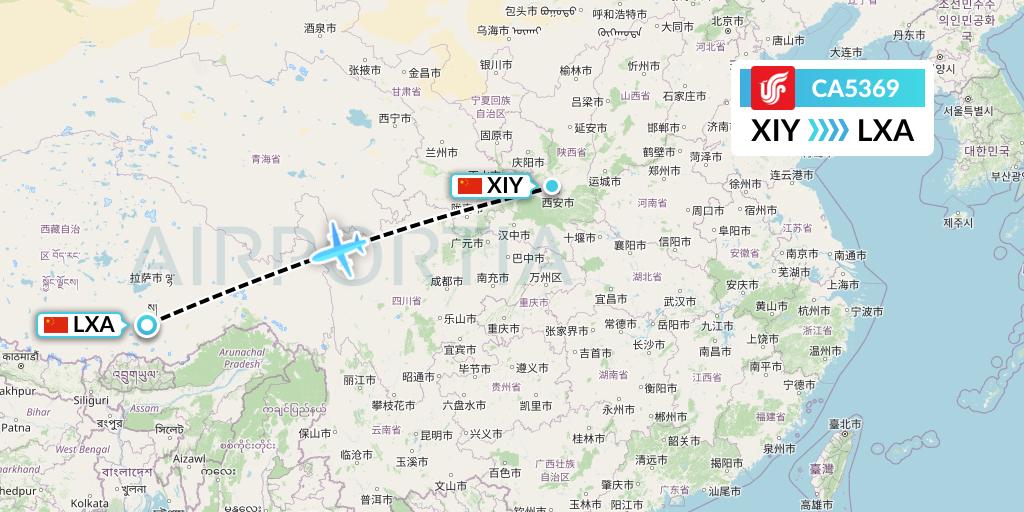 CA5369 Air China Flight Map: Xi'an to Lhasa