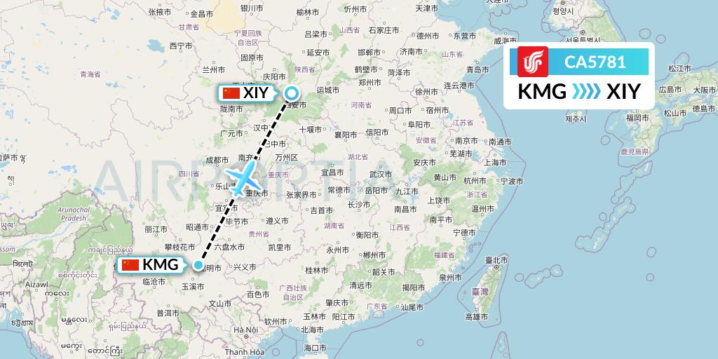 CA5781 Air China Flight Map: Kunming to Xi'an