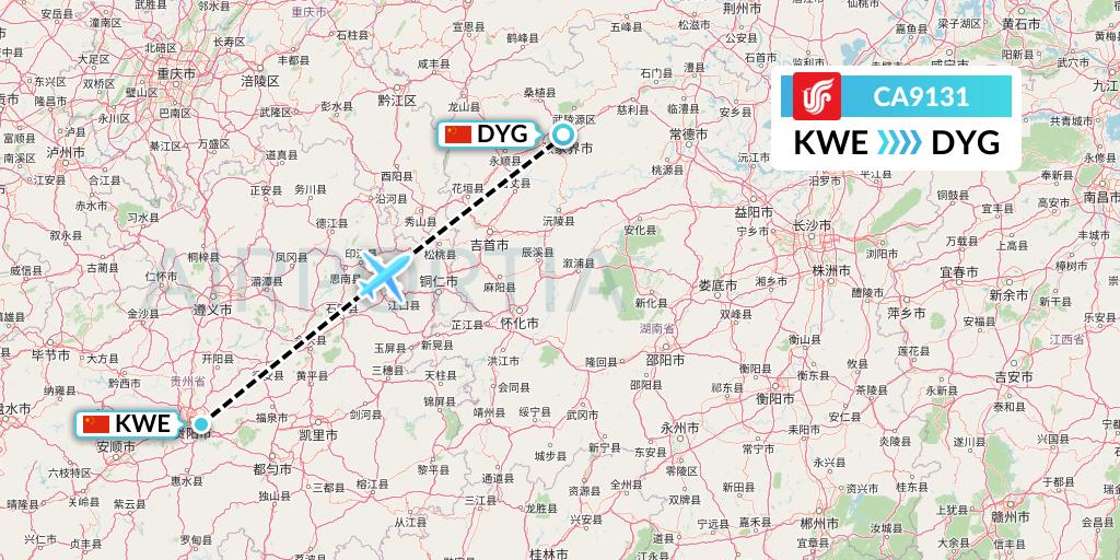 CA9131 Air China Flight Map: Guiyang to Dayong