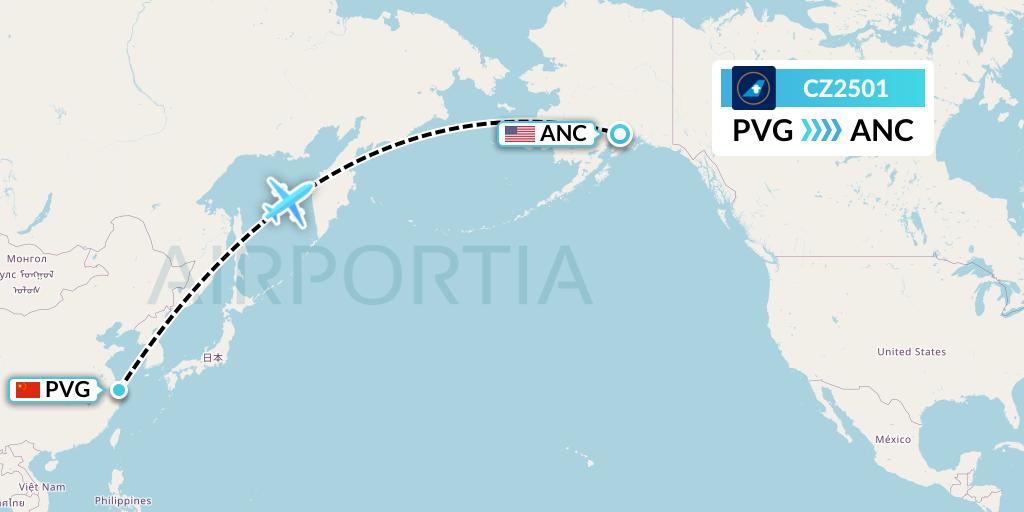 CZ2501 China Southern Airlines Flight Map: Shanghai to Anchorage