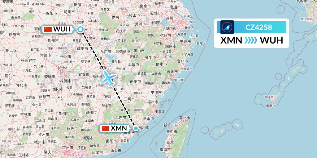 CZ4258 China Southern Airlines Flight Map: Xiamen to Wuhan