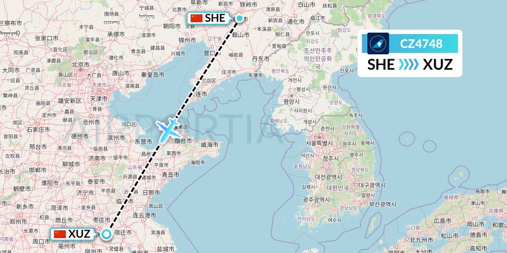 CZ4748 China Southern Airlines Flight Map: Shenyang to Xuzhou