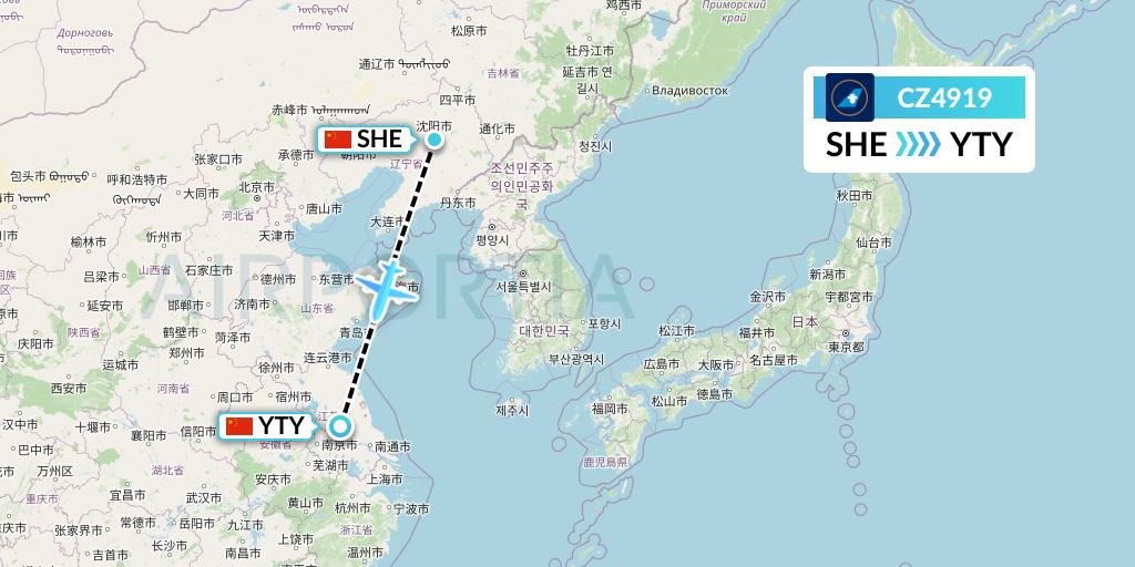 CZ4919 China Southern Airlines Flight Map: Shenyang to Yangzhou